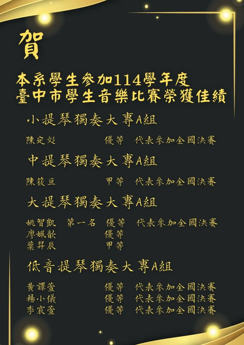 恭賀本系學生參加 114 學年度臺中市學生音樂比賽榮獲佳績！以下為各組別獲獎名單：  🎋 笛獨奏（含梆、曲笛）大專A組  林郁淳：第一名 / 優等（代表參加全國決賽）  🎻 小提琴獨奏大專A組  陳定穠：優等（代表參加全國決賽）  🎻 中提琴獨奏大專A組  陳筱亘：甲等（代表參加全國決賽）  🎻 大提琴獨奏大專A組  姚智凱：第一名 / 優等（代表參加全國決賽）  廖姵歆：優等  葉羿辰：甲等  🎻 低音提琴獨奏大專A組  黃譯萱：優等（代表參加全國決賽）  楊小儀：優等（代表參加全國決賽）  李宸萱：優等（代表參加全國決賽）  🗣️ 聲樂獨唱-女高音大專A組  鄭婉騏：優等  管小茨：甲等  周奕蓁：甲等  簡子芸：甲等  高曼娟：甲等  🗣️ 聲樂獨唱-男高音大專A組  黃孫：第一名 / 特優（代表參加全國決賽）  林敬庭：優等（代表參加全國決賽）  陳耘端：優等  管乾歲：優等  陳子謙：優等  賴柏融：甲等  馮文章：甲等  🗣️ 聲樂獨唱-女中低音大專A組  許之菱：第一名 / 優等（代表參加全國決賽）  🗣️ 聲樂獨唱-男中低音大專A組  陳樞易：優等（代表參加全國決賽）  許正岳：甲等  🎹 鋼琴獨奏大專A組  陳予若：優等  劉已榛：甲等  干心伃：甲等  陳樞易：甲等  孫祈恩：甲等